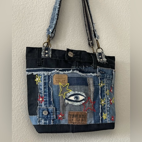 Denim patchwork shoulder bag-tote bag upcycled jeans boho bag - Picture 4 of 16